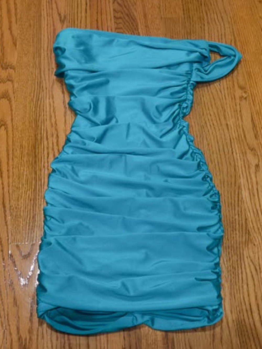 Turquoise One-Shoulder Ruched Mini Dress - Picture 3 of 3
